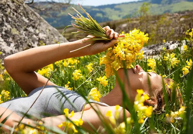 Frau entspannt in einem sonnigen Blumenfeld, riecht an gelben Blüten. Naturerlebnis im Kurhotel Hochsauerland 2010.