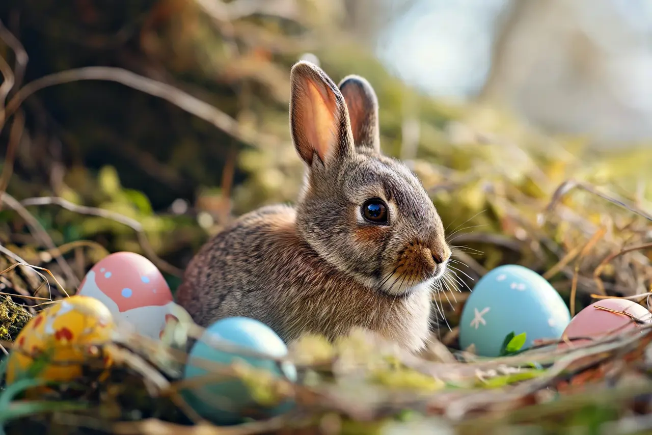 Niedlicher Osterhase mit bunten Ostereiern im frühlingshaften Gras. Seehotel Am Kaiserstrand.