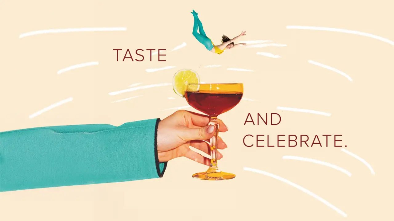 Grafik 'Taste and Celebrate' mit Cocktail und schwebender Person für das Seehotel Am Kaiserstrand.