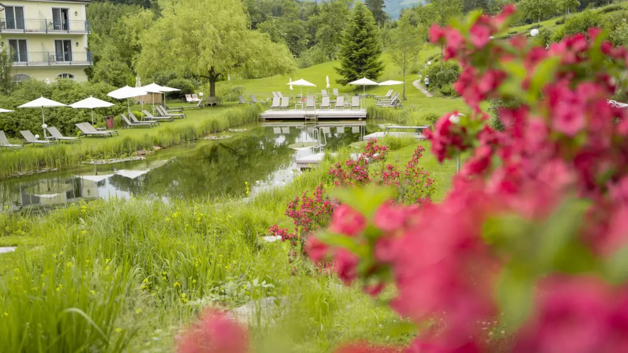 Naturbadeteich mit Holzsteg und Liegewiese im RelaxResort Kothmühle, umgeben von grüner Natur und blühenden Sträuchern.