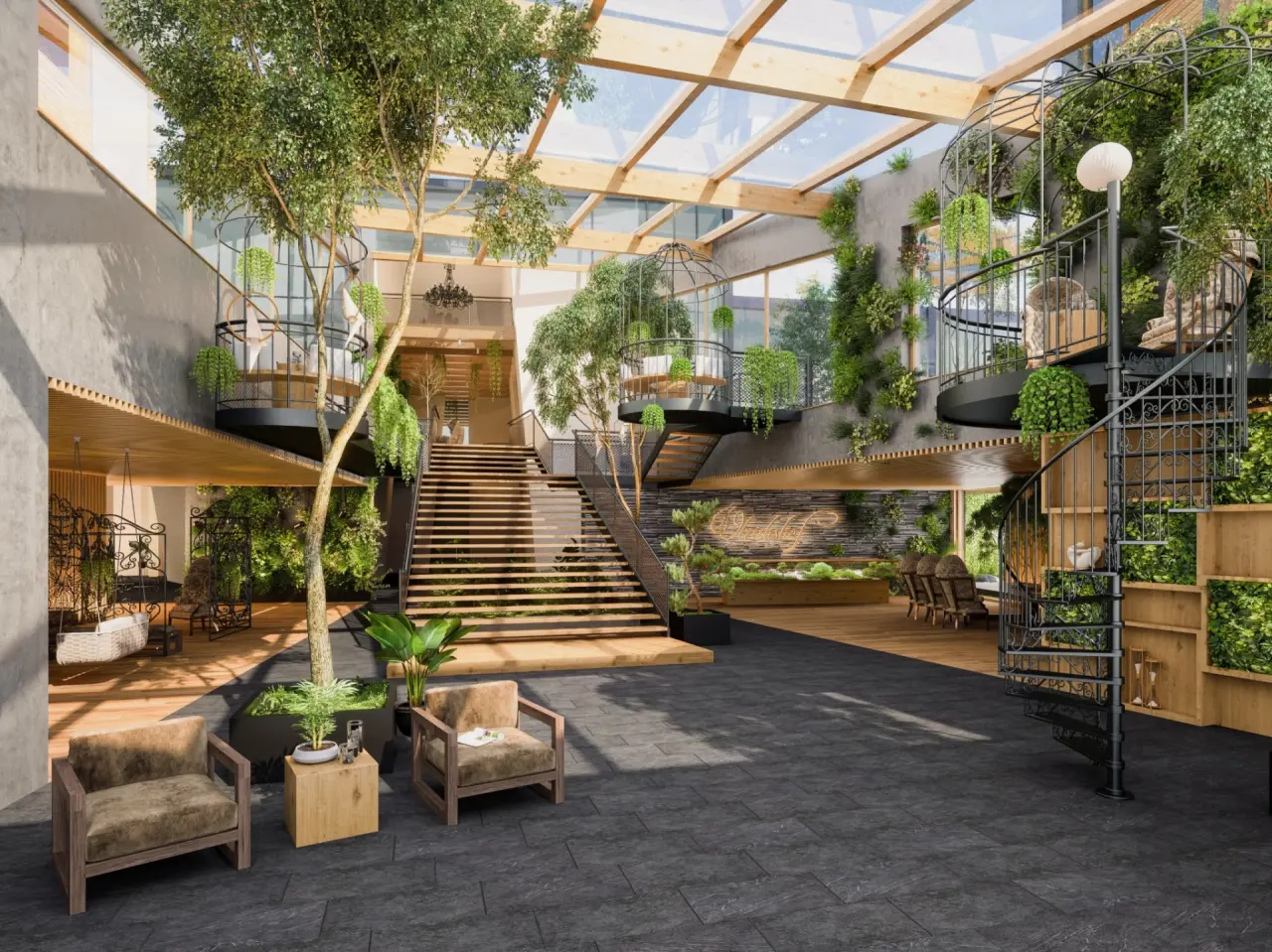 Lichtdurchflutetes Atrium mit üppiger Begrünung, Holztreppe und gemütlichen Sitzinseln im Ulrichshof Bio-Resort.