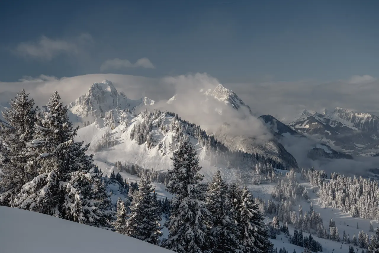 Verschneite Alpenlandschaft mit Tannenbäumen und majestätischen Berggipfeln, umhüllt von Wolken, nahe The Alpina Gstaad.