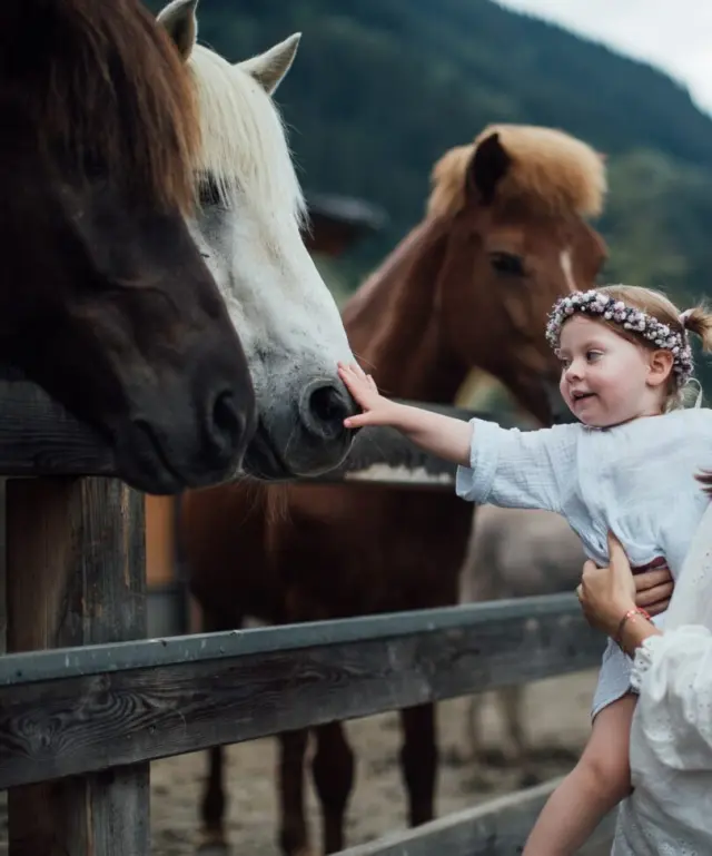 Kleines Kind streichelt Pferde auf der Koppel im Familien Natur Resort Moar Gut. Idylle und Tierliebe im Familienurlaub.