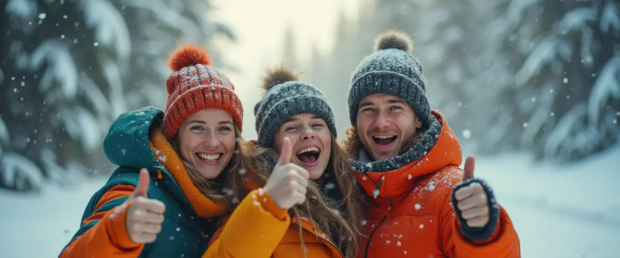Drei lachende Personen in Winterkleidung im verschneiten Wald, die Daumen hoch zeigen. Wintererlebnisse im Parkhotel Weiskirchen.