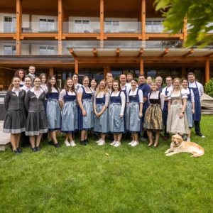 Teamfoto des Hotel Seevilla Wolfgangsee mit Mitarbeitern in Tracht und einem Golden Retriever im Hotelgarten.