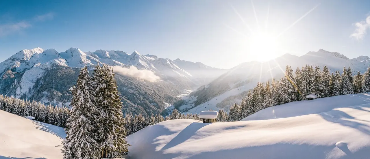 Malerische Winterlandschaft mit verschneiten Bergen und Tannen im Sonnenlicht, Blick ins Tal beim Hotel Alpenhof.