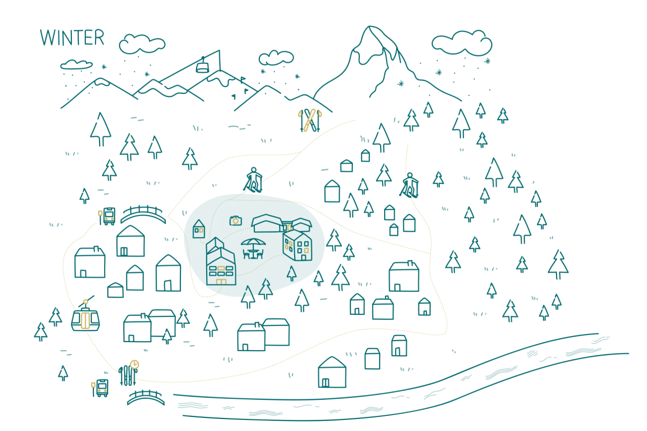 Stilisierte Winterlandschafts-Illustration mit Bergen, Skifahrern und dem Hotel Hemizeus und Iremia Spa in einem Bergdorf.