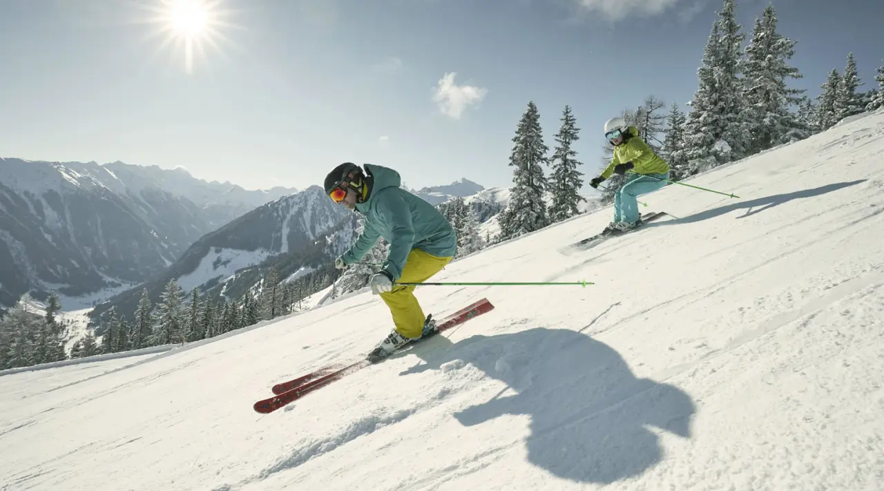 Zwei Skifahrer auf einer sonnigen Piste mit Bergpanorama und verschneiten Bäumen nahe Hotel Waldfrieden.
