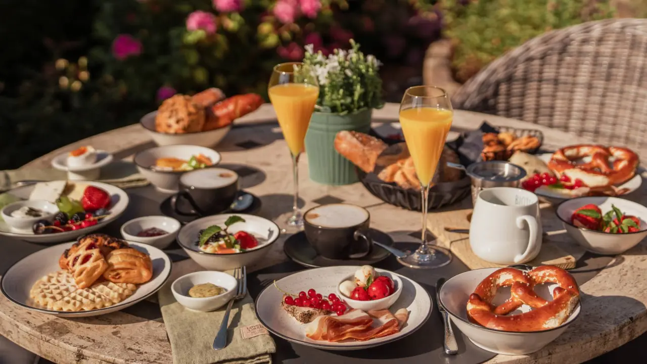Idyllisches Frühstück im Garten des Hotel Staudacherhof mit frischen Früchten, Gebäck und Säften.