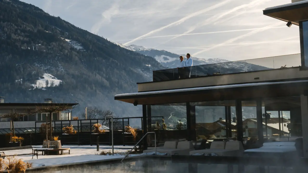 Beheizter Aussenpool mit Blick auf die verschneiten Berge und Gäste in Bademänteln im Sport- und Wellnesshotel Held****s.