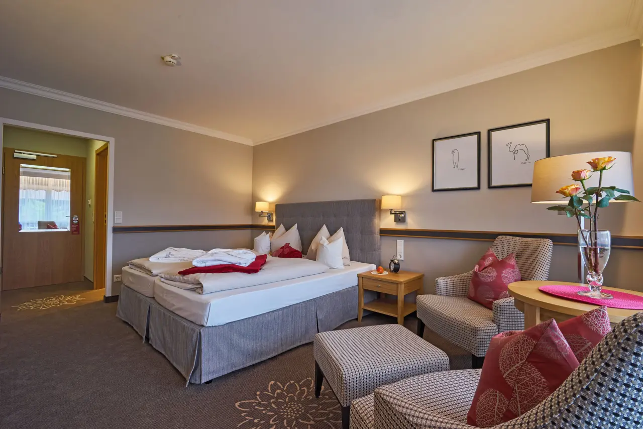 Gemütliches Doppelzimmer im Hotel Apollo mit bequemen Betten, Sitzecke und warmer Beleuchtung für entspannte Nächte.