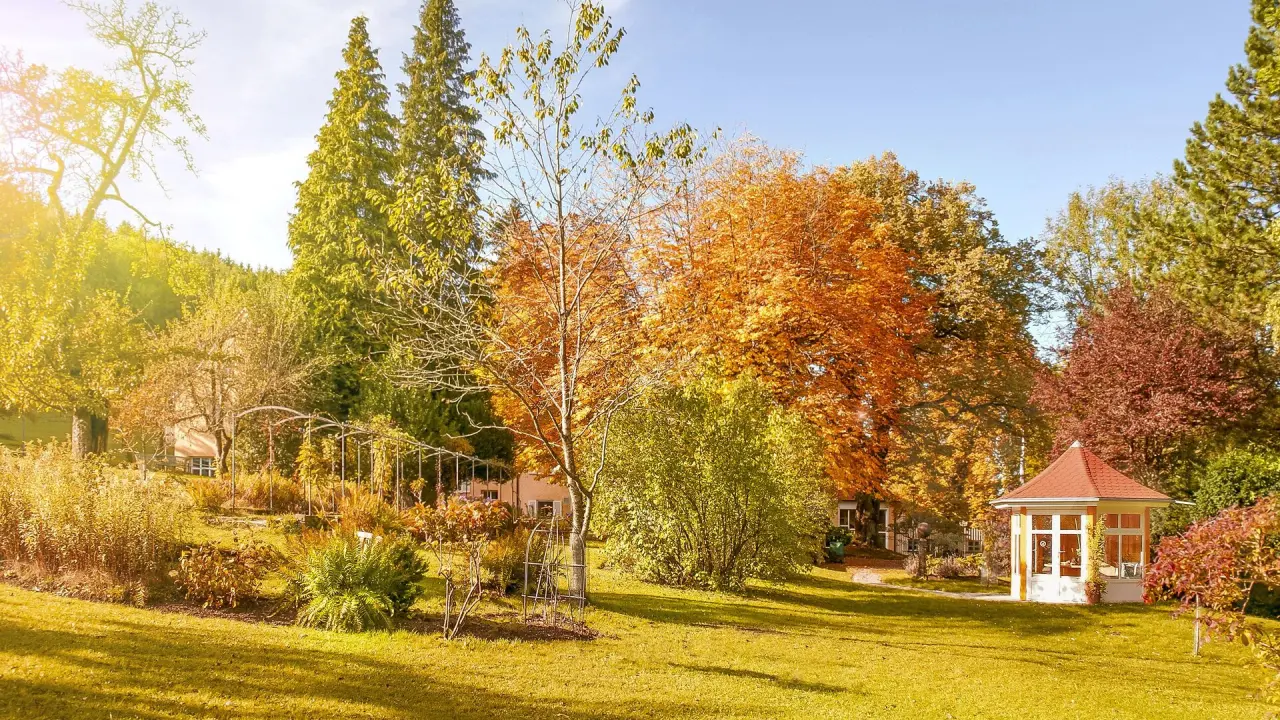 Herbstlicher Hotelgarten mit bunten Bäumen und einem charmanten Pavillon im Bad Clevers Gesundheitsresort & Spa.