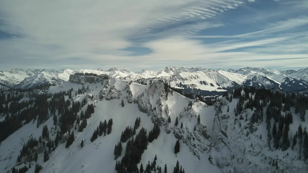 Winterpanorama der schneebedeckten Allgäuer Alpen mit Gipfeln und Wäldern, die das Hubertus Mountain Refugio umgeben.