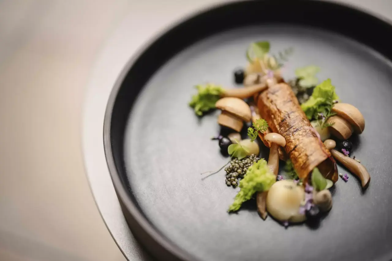 Exquisit angerichtetes Gourmetgericht mit Pilzen und Kaviar auf schwarzem Teller im Restaurant der Vitalquelle Montafon.