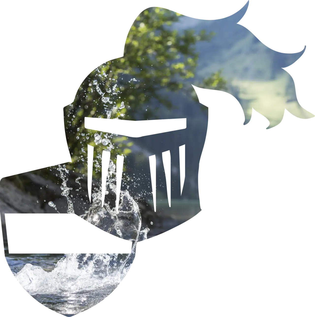 Logo des Hotel Zum Ritter: Ritterhelm-Silhouette gefüllt mit Wasser und grüner Natur, symbolisiert Frische und Tradition.