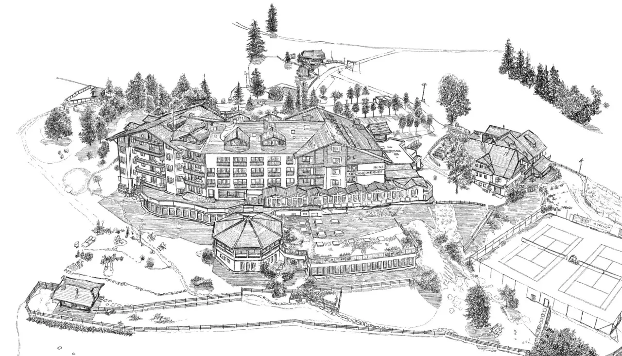 Detaillierte Luftbild-Zeichnung des Hotel Kirchheimerhof mit umliegender Berglandschaft und Tennisplätzen.